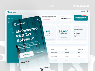 TaxRobot - AI-Powered R&D Tax Software 404 animation app branding credit dashboard design emerald grey landing mint modern platform product shadows tax ui ux uxui white