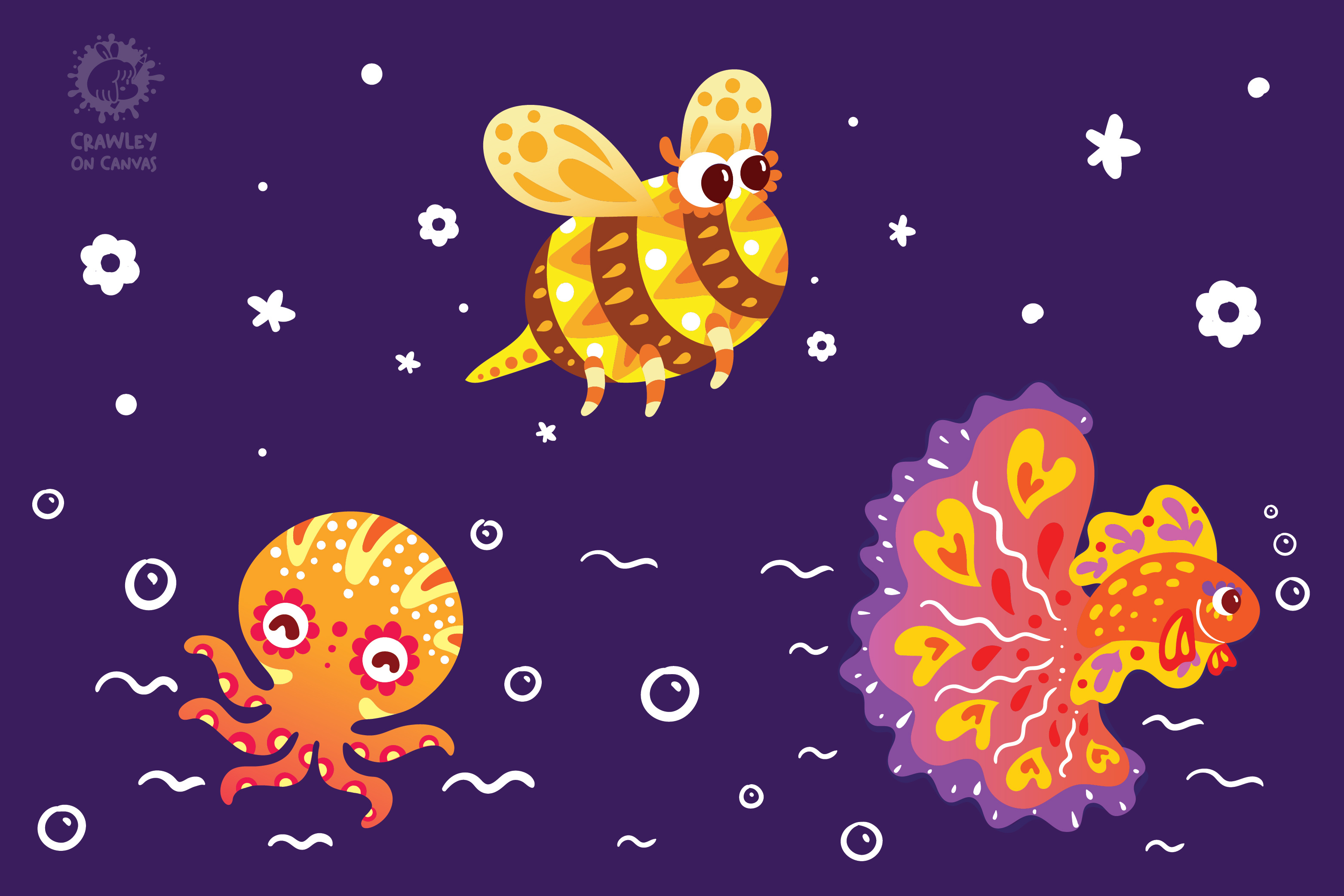 Mexican Alebrijes Critters : Aquatic Creatures and Bugs alebrijes aquatic art bugs butterfly crab design digitalart digitaldrawing dragonfly fish honey bee illustration mexican art style mexican folk art mexicanart mexico octopus seahorse