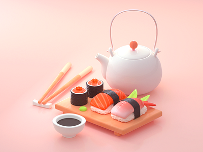Sushi | 寿司 3d 3dillustration asian blender cinema4d design food illustration isometric sushi teapot 寿司