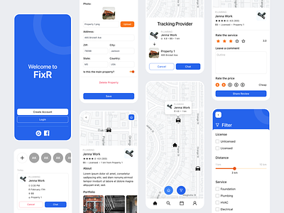 FixR - Handy Work Service App app blue clean design digital filter handy light map minimal mobile modern orange platform request service ui white work