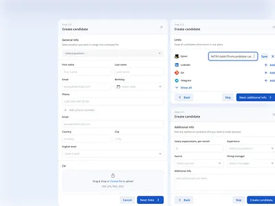 Create Candidate Modal - Applicants Tracking System add links candidate candidates pipeline create candidate create modal job board
