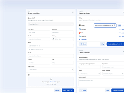 Create Candidate Modal - Applicants Tracking System add links candidate candidates pipeline create candidate create modal job board