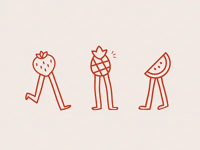 Fruit Characters 2d art branding character character design concept creative design drawing flat fruit fruity illustration legs people pineapple retro sketch strawberry watermelon