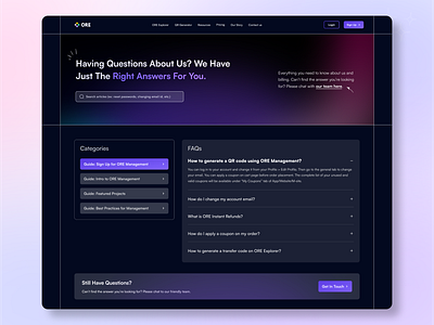 Frequently Asked Questions (FAQs) - Web & Mobile Page app cards dark dark theme design faq faqs frequently asked questions gradient help help center management questions support support center tabs ui urban web webpage