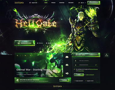 Mmorpg Animated Website PSD Template - HellGate 💚🔥 animated dark download fantasy gaming green lineage 2 metin2 mmorgp muonline perfect world psd template warcraft webdesign website