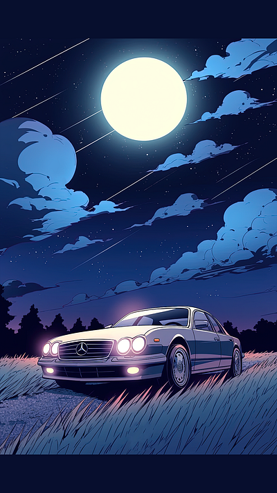 Moonlit Ride Mercedes Benz. automotive art car art car illustration design digital art illustration japanese cars