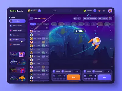 Cosmo Bet - Rocket Crash bet betting casino crash figma gambling game design game interface jackpot plinko product design rocket space style ui uiux