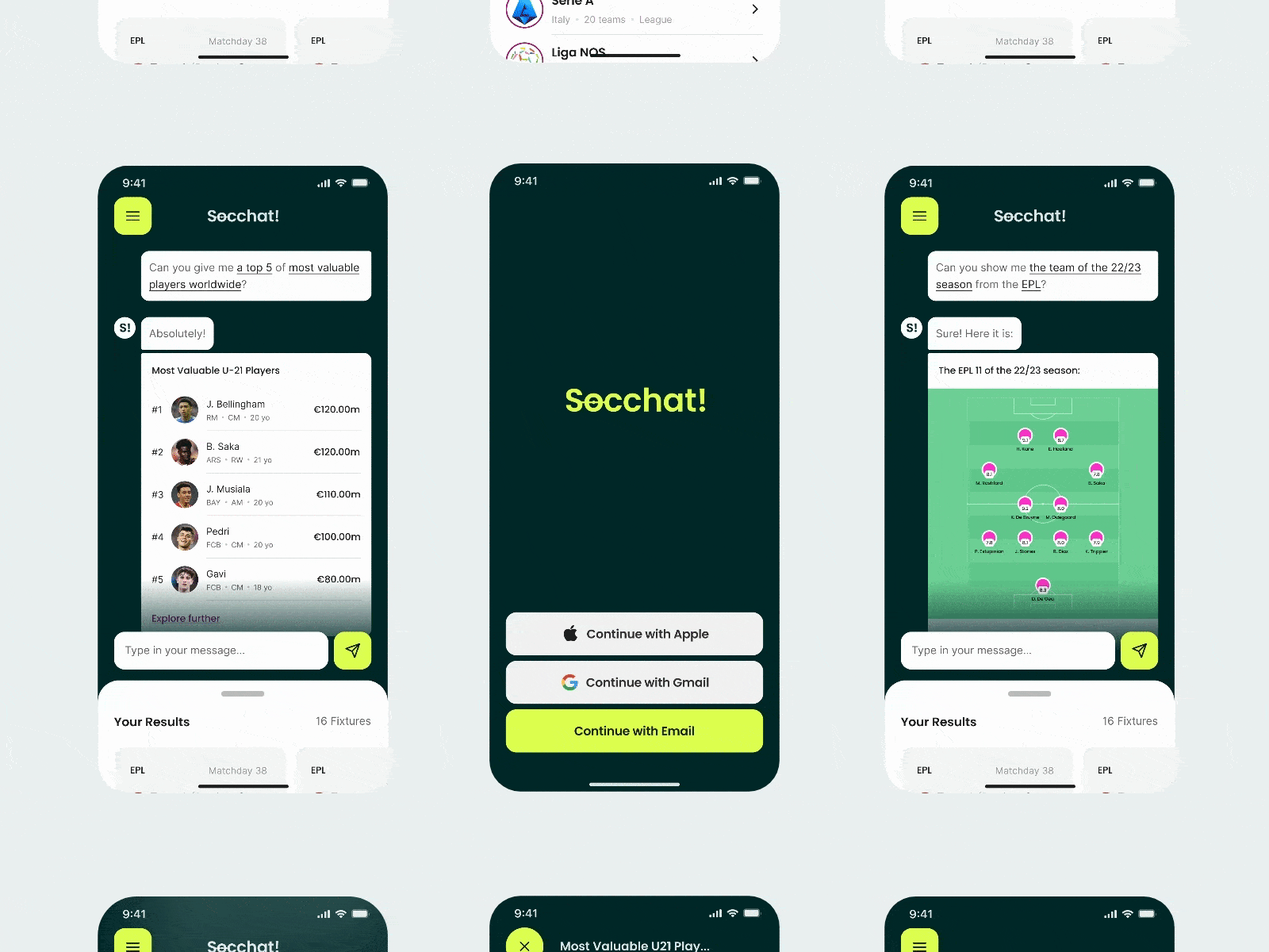 Socchat! - AI Chat App Concept ai app design conversational ui data analysis football generative ai minimal mobile motion design soccer stats ui