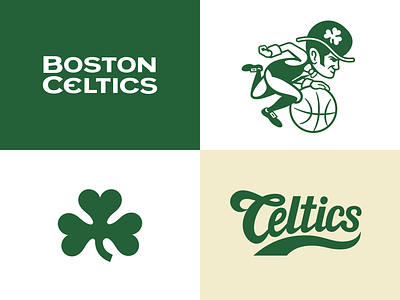 Celtics brand elements basketball boston branding celtics irish leprechaun lettering logo nba redesign script shamrock sports team