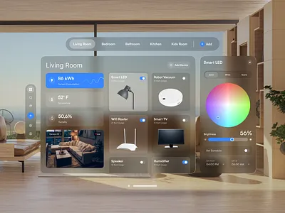 Smart home for Vision OS - Detailed Room & Device Control app apple ar dashboard design glassmorph home house smart smarthome spatial ui ui ui design uiux ux ux design vision os vision pro vr