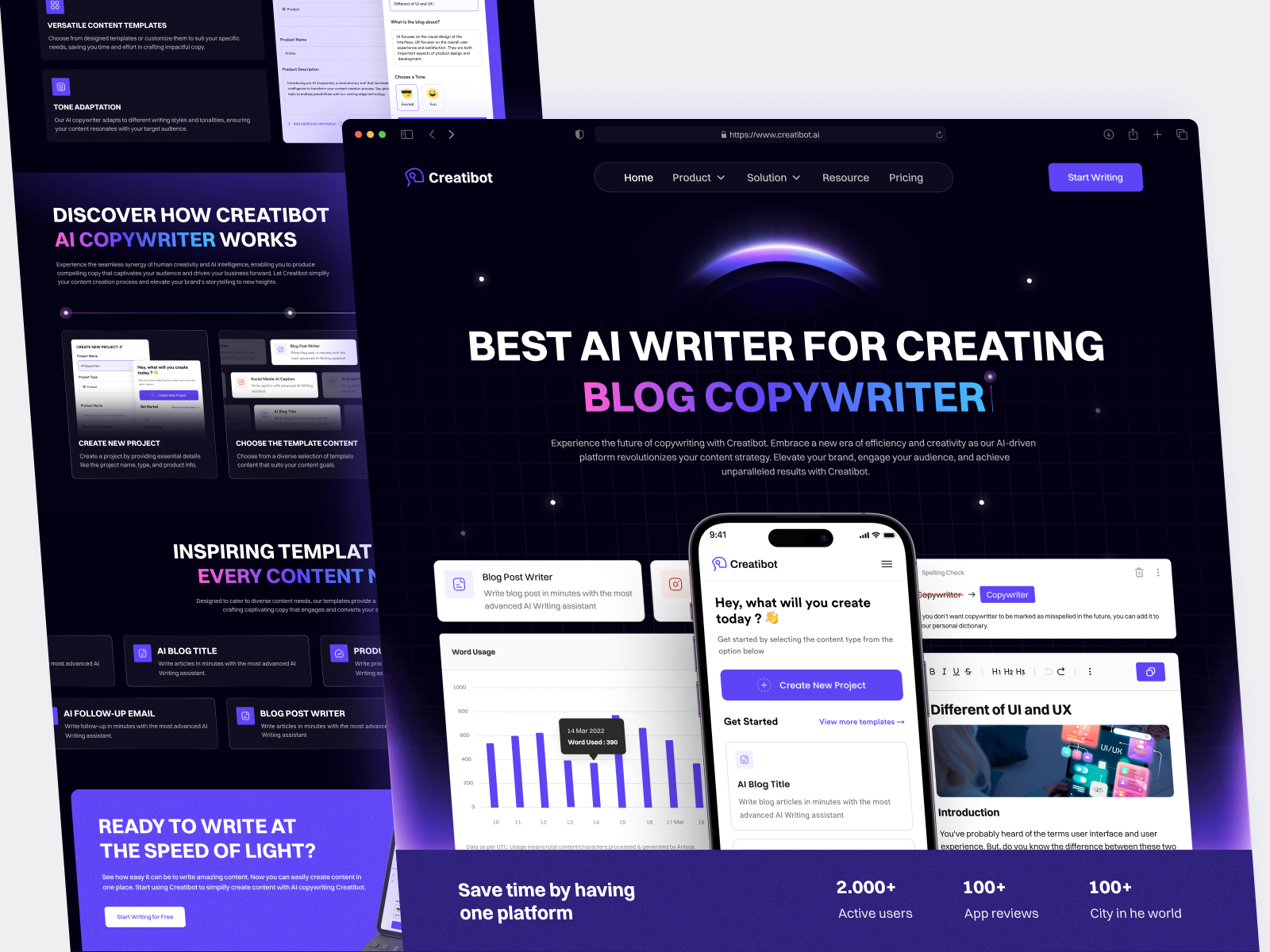 Creatibot - AI Copywriter Landing Page ai ai tools artificial intelligent blog writer chart chatgpt component content builder content generator copy ai copywriter gpt 3 gradient landing page mockup open ai product saas web design