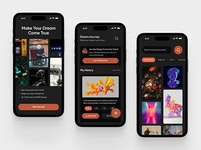 DreamJourney - AI Image Generator ai ai design ai image ai image generator ai to image app art art generator artificial intelligence clean dark mode design image ai image generator midjourney mobile app mobile design text to image ui ux