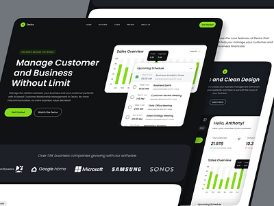 Decko - CRM Landing Page analytics website crm crm platform customer web dark theme erp landing page management website marketing product landing page saas saas website sales website startup website ui ui design web web design website website landing page