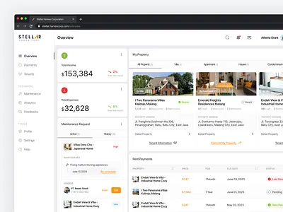 🏘️ Stellar • Landlords Real Estate Dashboard App app dashboard dashboard app due date expenses house income landlords maintenance request my property payment real estate real estate app rent payment status tenants ui ux vendor villa