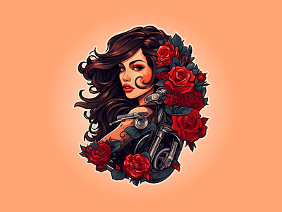 Pretty woman with roses and motorcycle sticker design art drawing motorcyle sticker sticker sticker art