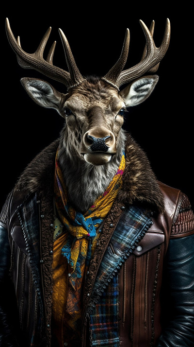 Fashion shot of a wild deer wearing a leather jacket animal deer digital art fashion jacket model photography portrait