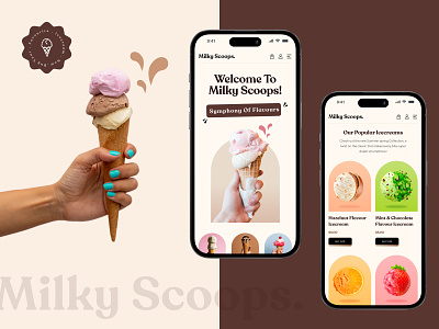 Milky Scoops - Mobile UI Design butterscotch chocolate cream creative desert ecommerce figma ui food and drink icecream icecream website mobile ui scoops shop vanilla