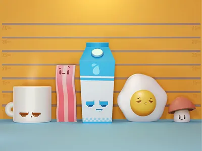 the usual suspects 3d bacon breakfast cartoon character coffee egg icon illustration milk