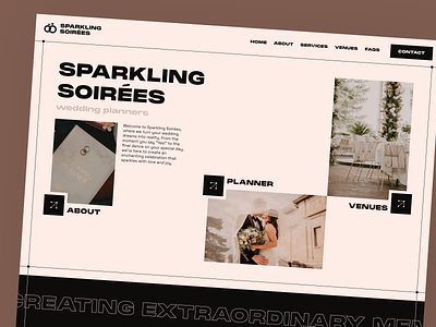 Sparkling soirées - wedding planners website. about us agency case study concept faqs hero section homepage landing page photoshoot sparkling team thick font trending design ui venues website wedding wedding planning