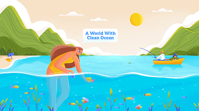 A World With/Without Clean Ocean 2d animation character climate change design environment fish fishing garbage girl illustration motion graphics nature ocean sun waste water waves