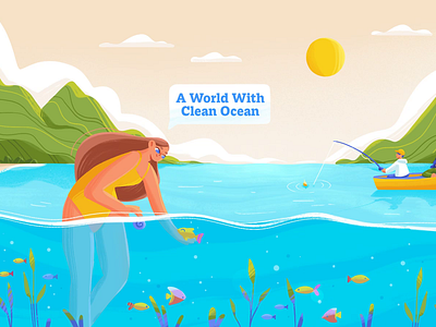 A World With/Without Clean Ocean 2d animation character climate change design environment fish fishing garbage girl illustration motion graphics nature ocean sun waste water waves