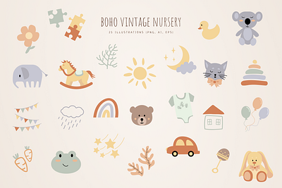 Boho Vintage Nursery Illustrations birthday branding children illustrations cute illustrations graphic design illustration illustrations kids illustrations nursery patterns postcard design poster design print design product design retro seamless pattern textile design vintage wall art