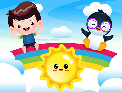 Cartoon Happy Cute Boy and Penguin Sitting On Rainbow cartoon childrens illustration design drawing funny kids happy cartoon happy children illustration kids kids playing mascot sun smile vector