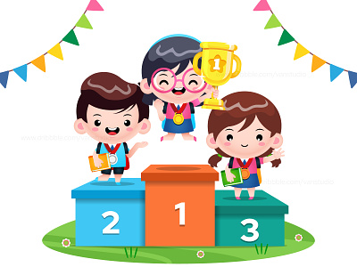 Cute Student School Competition Winners Standing On Podium award ceremony award winning cartoon champion childrens illustration competition contest winner first place holding trophy illustration kids medal prize winner trophy trophy cup vector victory winner podium