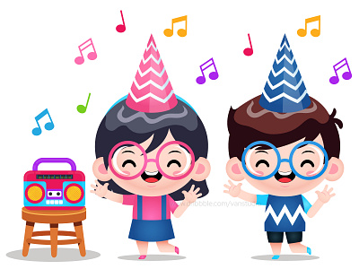 Cute Kids Dancing Listening Music From Radio cartoon childrens illustration dance dance party dancing girl illustration kids kids dancing kids party music cartoon music dance music party party illustration vector