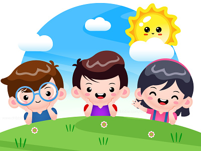 Group Of Happy Children Lying On Green Grass Vector cartoon childrens illustration friends cartoon group of friends group of kids happy group happy kids happy people illustration kids kids cartoon kids friends kids playing people together