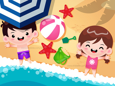 Happy Cute Children On Beach Sands beach holiday cartoon childrens illustration illustration kids summer beach summer holiday summer nature sun beach sun cartoon surf tropical beach