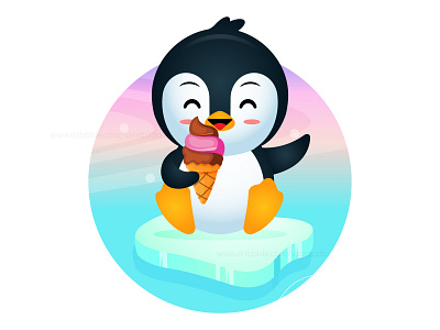 Happy Cute Penguin Sitting On Ice Eat Ice Cream cartoon childrens illustration eat ice cream ice cream cartoon ice cream illustration ice cream scoop illustration kids kids eating mascot penguin snack sweet dessert waffle cone yummy