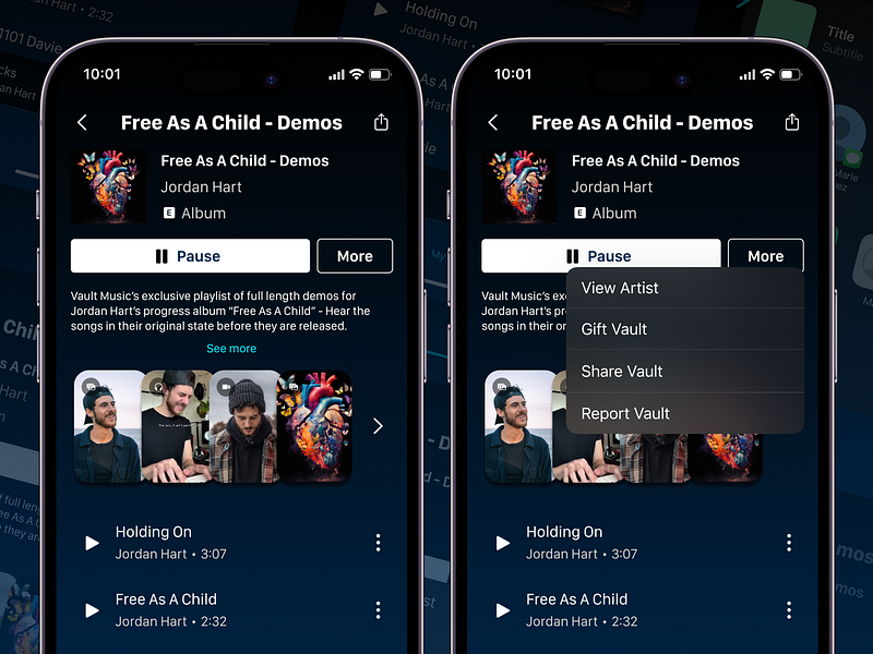 Vault Music - More Button app app design button clean design gift interface interface design menu more button music music app product design share simple ui ui design update user interface ux