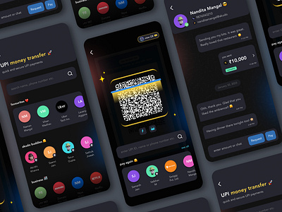 Money Transfer Screens for Akudo chat minimal money transfer qr code scanner ui