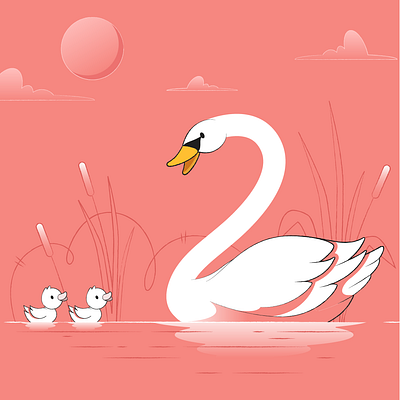 Swans and baby swans 2d animal animation baby design flat gif illustration logo motion motion graphic sunset swan ui