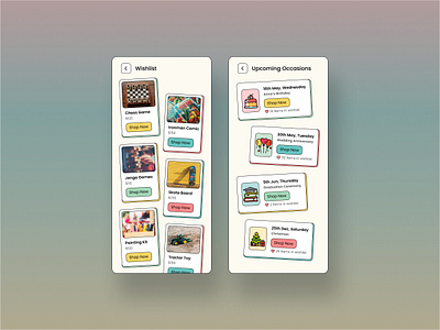Gifting App anniversary birthday cake calendar cards categories cheerful ui colorful design ecommerce gift gifting gifting app grid mobile mobile app playful product design ux wishlist