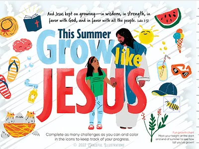 Grow Like Jesus - Interactive height chart beach bible brochure print christianity church design fun growing hand drawn hat icecream illustration interactive height chart jesus christ kids summer sunday school sunscreen texture watermelon