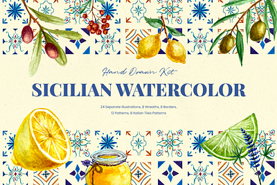 Sicilian Watercolor Fruits & Floral Illustrations botanical branding floral graphic design herbs illustration illustrations italian tiles packaging design patterns plants print design product design seamless pattern sicilian summer textile design watercolor watercolor illustrations