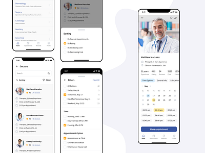 Doctors search animals app appointment calendar clinic design detailedview doctors filters interface medical mobile pets search sorting ui ux veterinary
