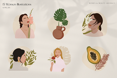 Women & Beauty Abstract Illustrations beauty branding female flat illustrations graphic design illustration illustrations industrial design packaging design print design product design selfcare skincare social media design textile design women