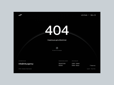 404 - Page not found - Inity 404 404 page agency agency design dark creative agency dark mode dark web dark website design page not found page not found web team ui uidesign web web design