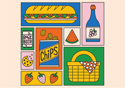 Picnic summer basket chips cookie food food illustration grid illustration illustrator picnic pop root beer sandwich soda summer sunshine watermelon wine