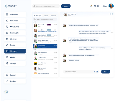 Chat Page for IT Courses LMS "Studify" chats design ecommerce education learning lms messages ui ux
