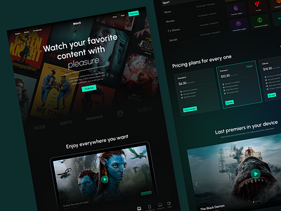 Streaming Service - Landing Page dark mode entertainment football green landing page movie price plan serials sport stream ui ux