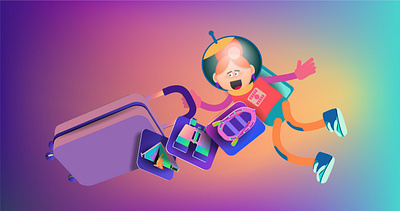 The cartoon astronaut girl is flying with a travel suitcase and gaming