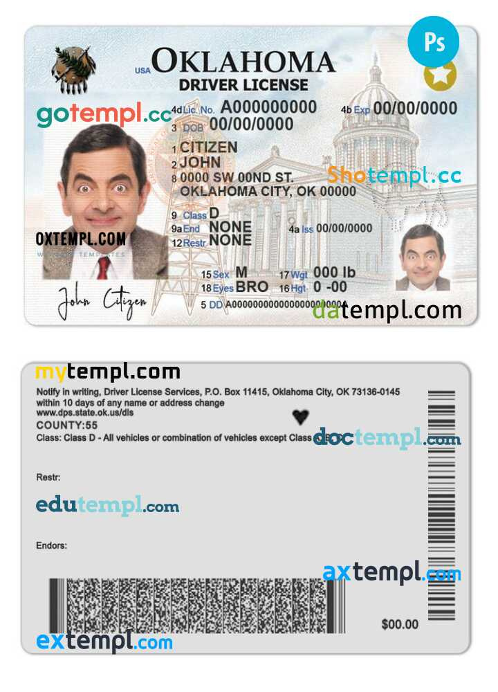 USA Oklahoma driver’s permit template in PSD format, + photo loo by