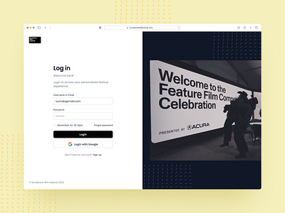 Login of Sundance Film Festival account login clean dailyui design landing log in login minimal saas sign in sign up signin signup simple ui ux web app web site webapp website