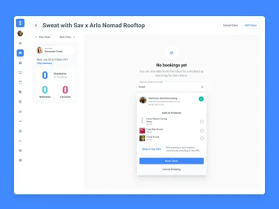Book Student to Exercise Class - Fitness Studio Dashboard dashboard design ecommerce empty state fitness studio product design roboto saas search shopify ui ux