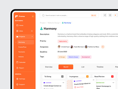 Promax - Project Management Dashboard 🧩 analytics clean dashboard design kanban kanban board management notion product design productivity project management project management tool saas statistics task task management team team management ui web app