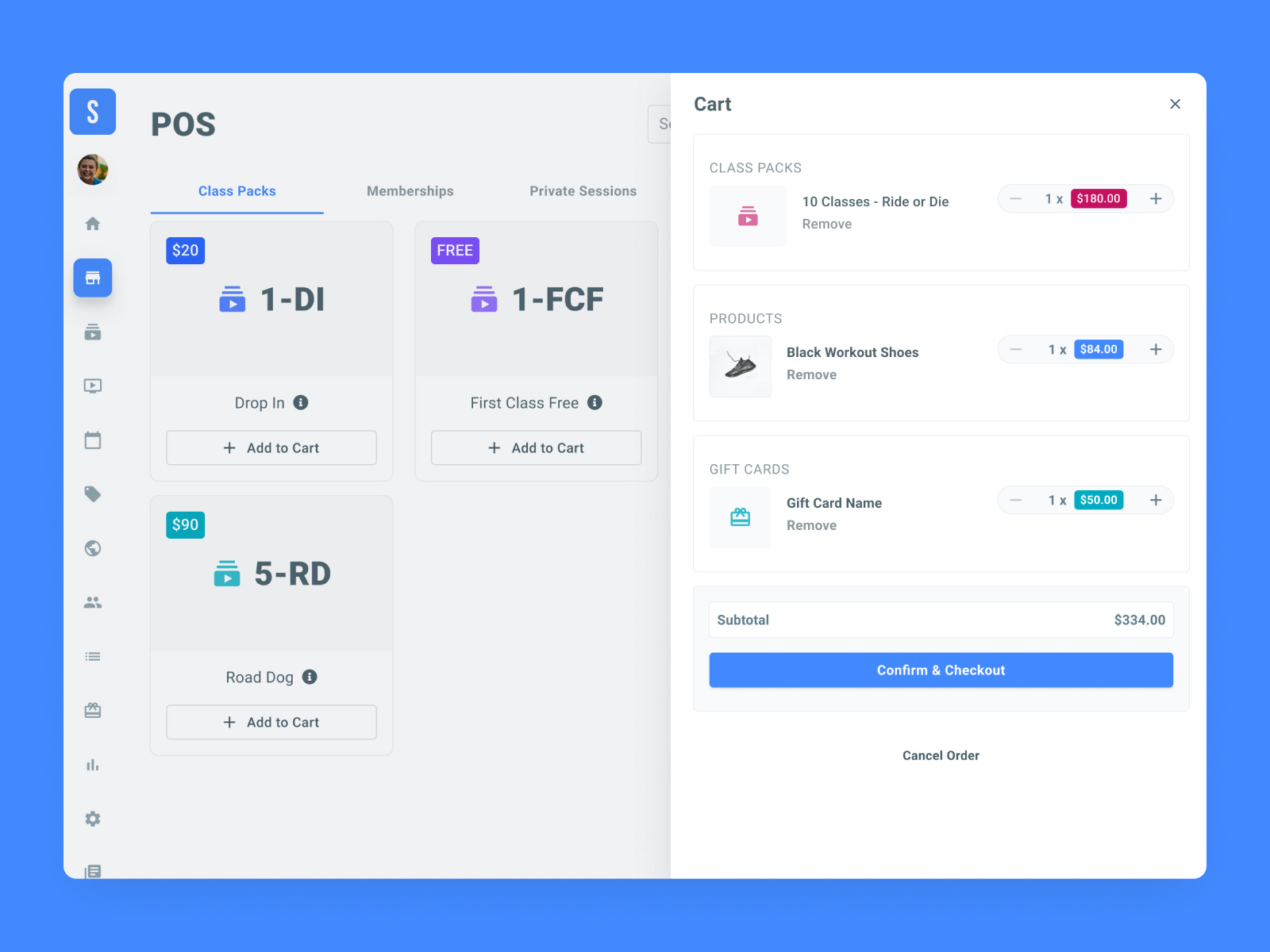POS Cart Sheet - Fitness Studio Dashboard cards cart checkout dashboard design ecommerce fitness fitness studio gift cards memberships pos product design products roboto saas sheet ui ux web app